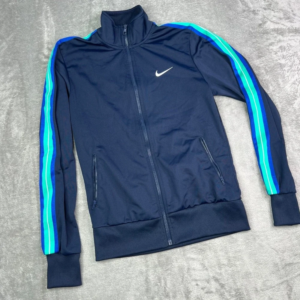 Nike‎ Jacket Womens Medium Blue White Swoosh Zip Lightweight Track Running Coat